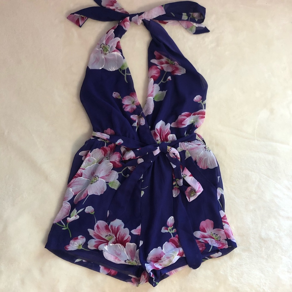 Purple/pink floral halter romper